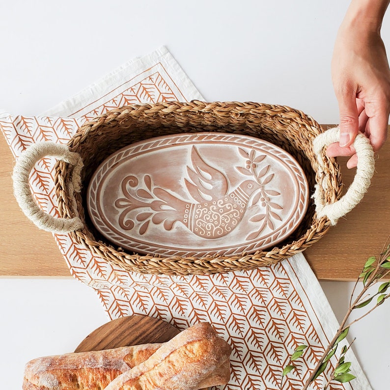 Housewarming Gift Handmade New Home Gift Unique Wedding Gift Hostess Gift Baking Bread Warmer Ceramic Warming Stone Wicker Basket [OVAL]